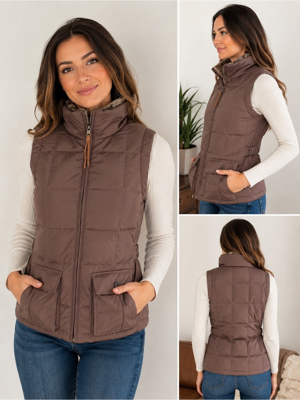Eddie Bauer Yukon Model Goose Down Puffer Vest Brown Taupe Faux Fur Trim M